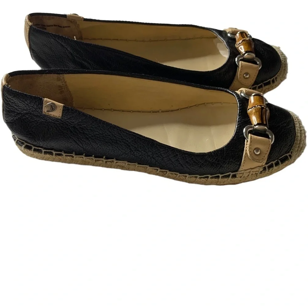 Etienne Aigner Black Leather Flat Espadrille /Tortoise Shell & Silver Accents